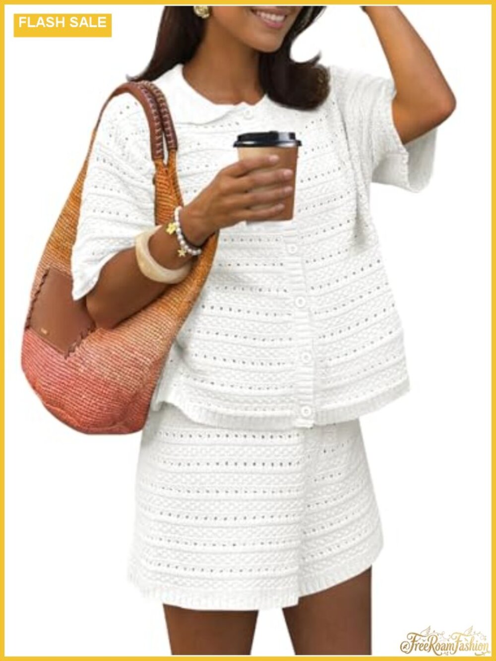 Crochet 2 Piece Set: Button Cardigan & Elastic Waist Shorts, Beach Coverup